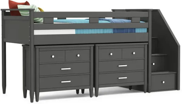 Kids Modern Colors Iron Ore Twin Step Loft with Loft Chests