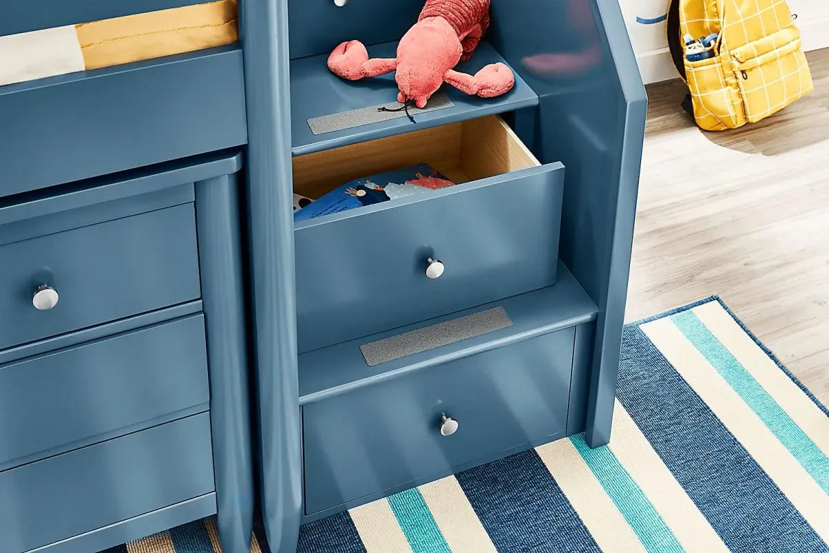 Kids Modern Colors Slate Blue Twin Step Loft with Loft Chests