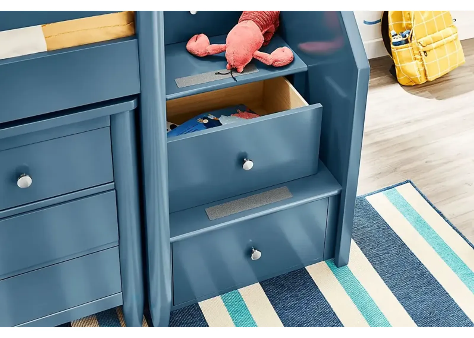 Kids Modern Colors Slate Blue Twin Step Loft with Loft Chests