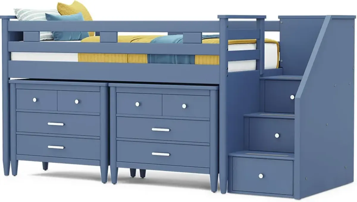 Kids Modern Colors Slate Blue Twin Step Loft with Loft Chests