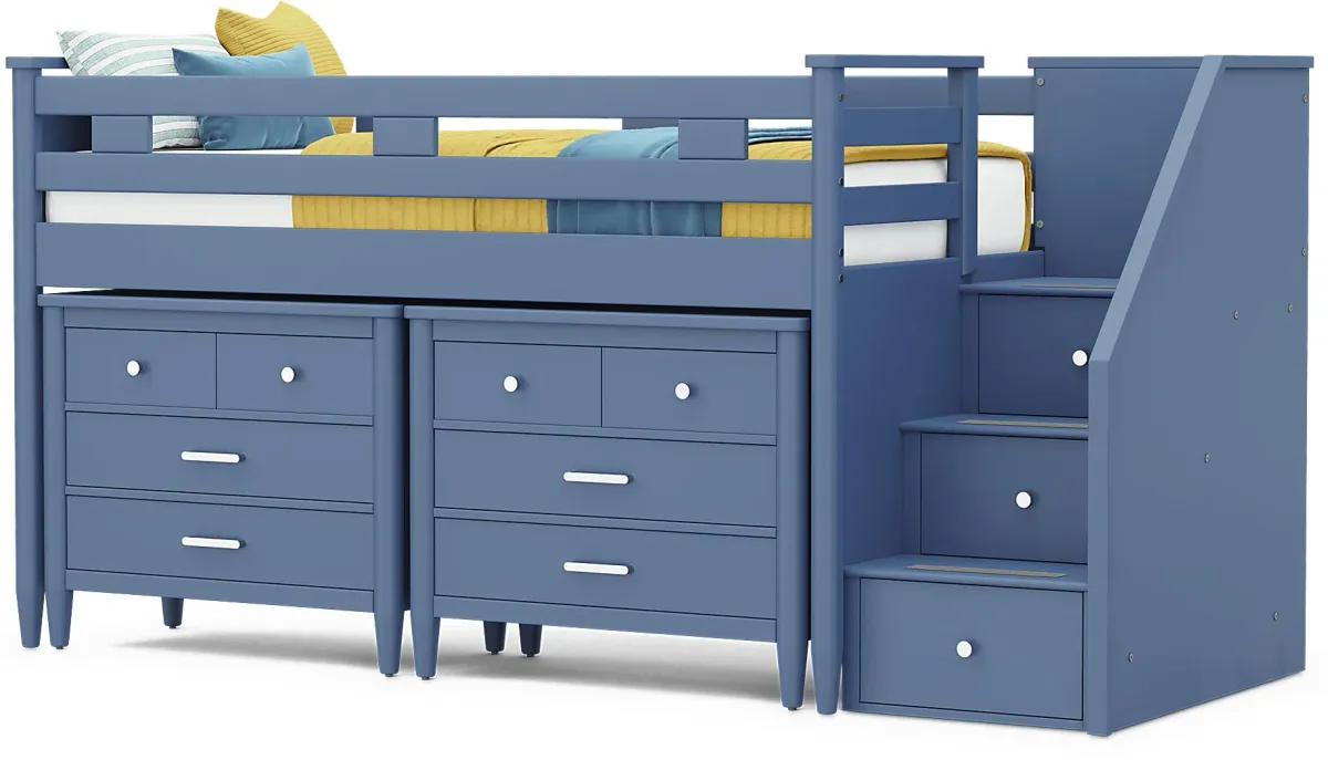 Kids Modern Colors Slate Blue Twin Step Loft with Loft Chests