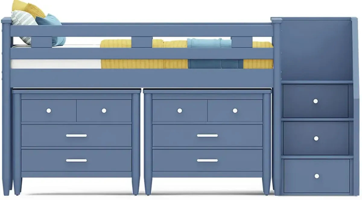 Kids Modern Colors Slate Blue Twin Step Loft with Loft Chests