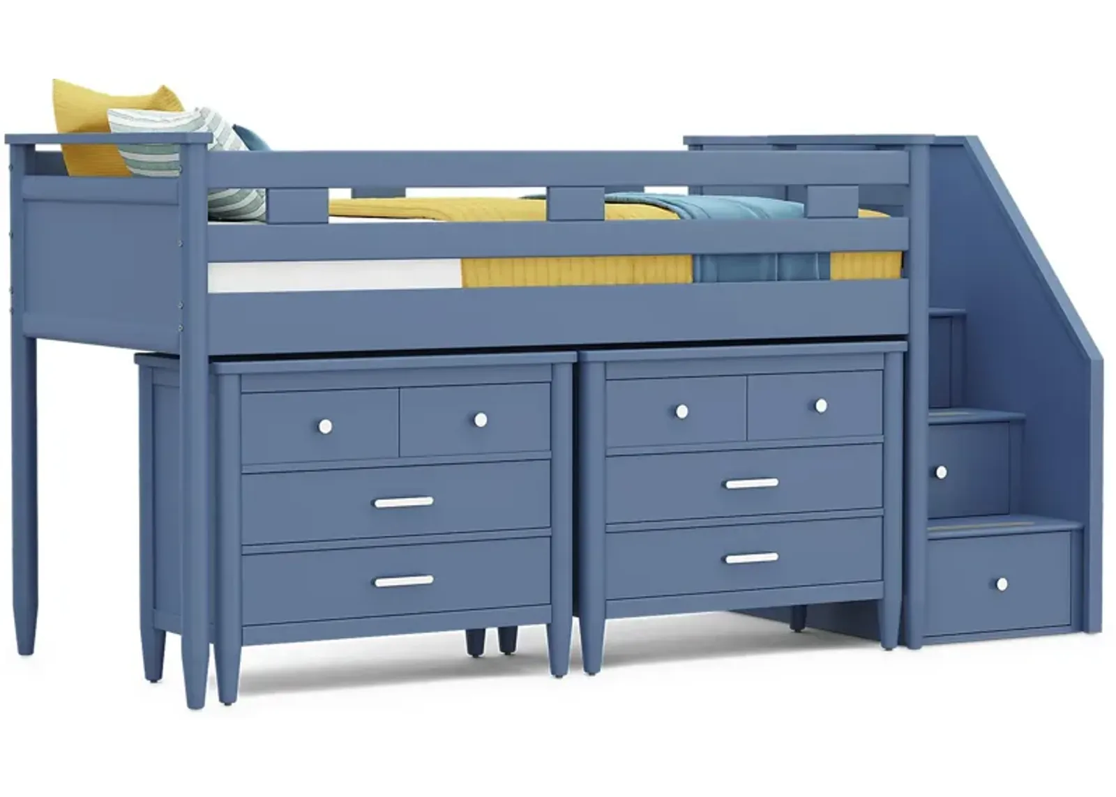 Kids Modern Colors Slate Blue Twin Step Loft with Loft Chests