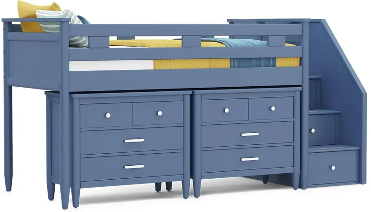 Kids Modern Colors Slate Blue Twin Step Loft with Loft Chests