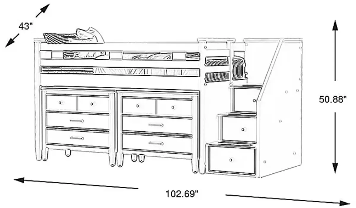 Kids Modern Colors White Twin Step Loft with Loft Chests