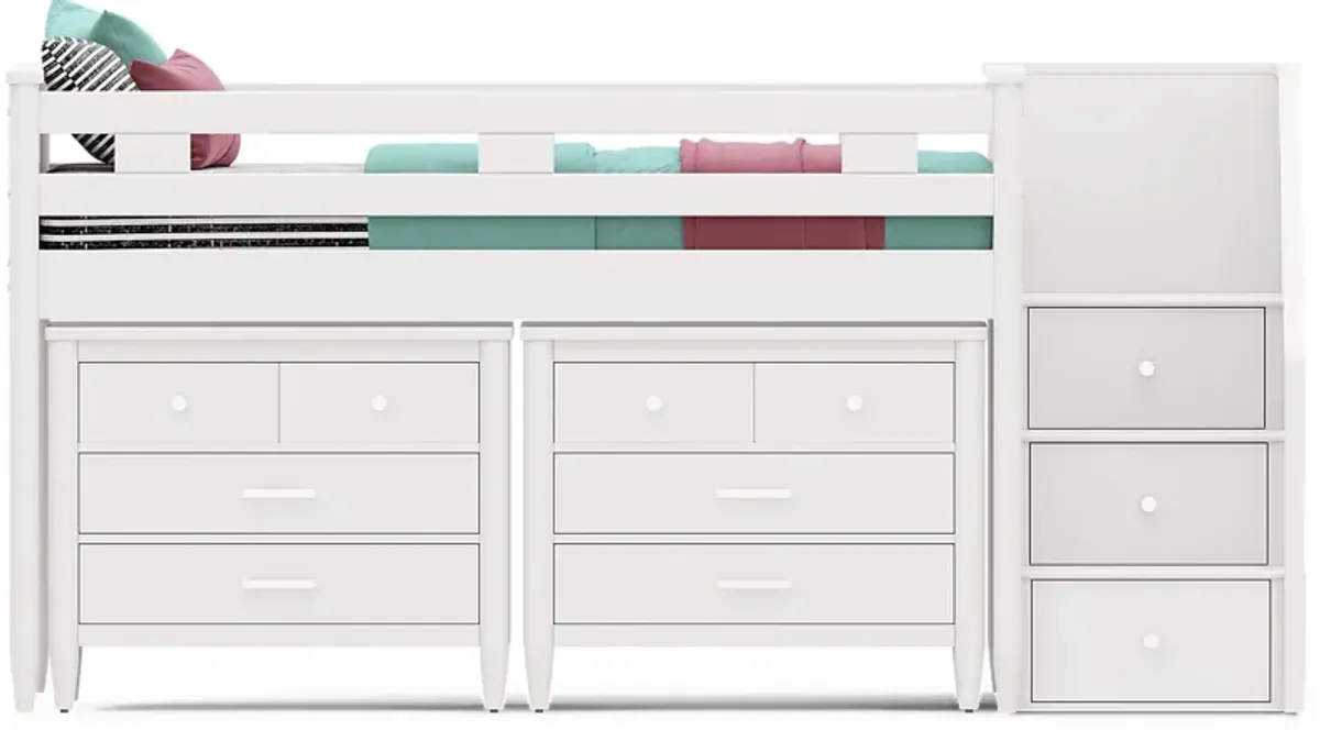 Kids Modern Colors White Twin Step Loft with Loft Chests