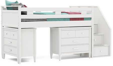 Kids Modern Colors White Twin Step Loft with Loft Chests