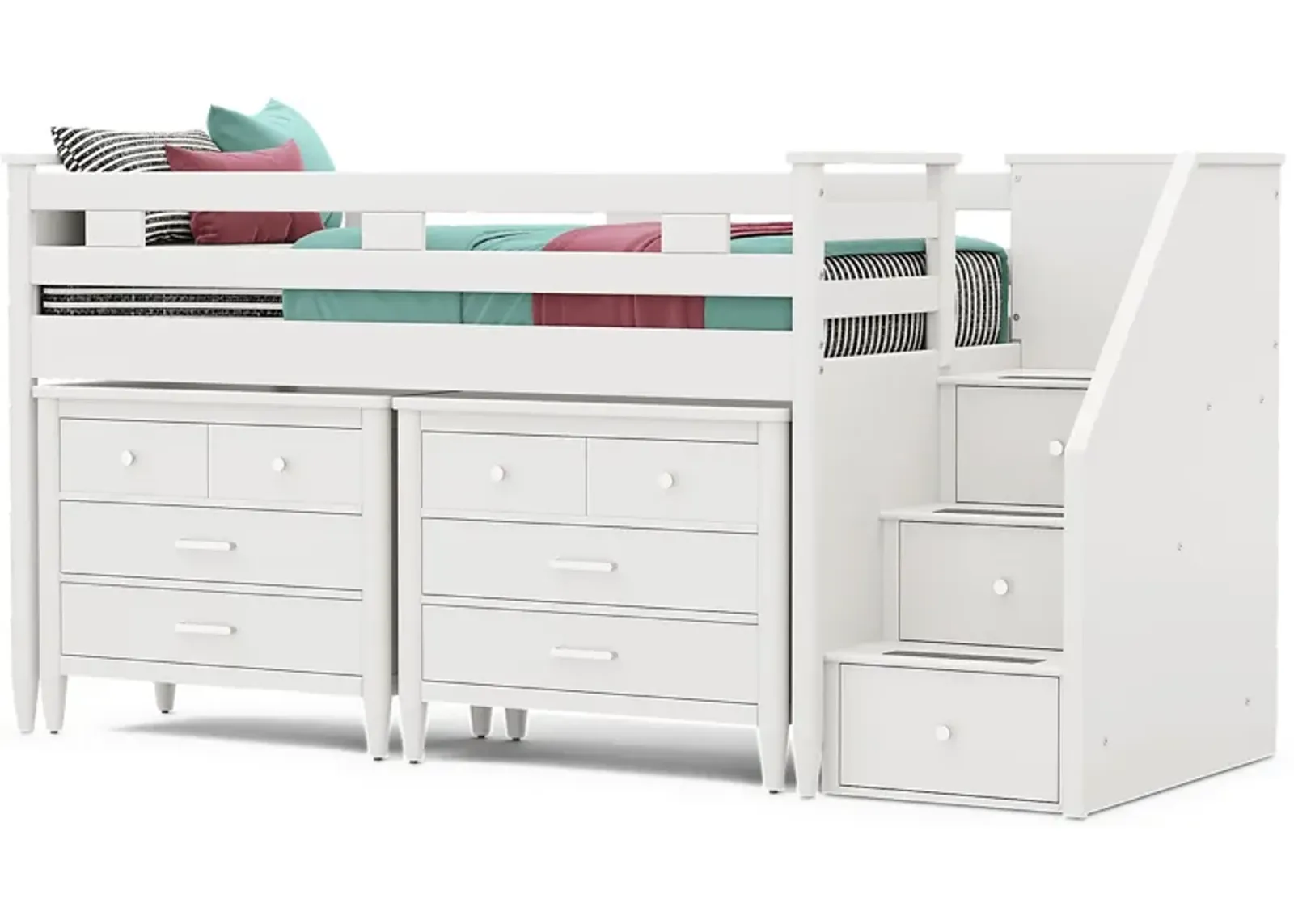 Kids Modern Colors White Twin Step Loft with Loft Chests