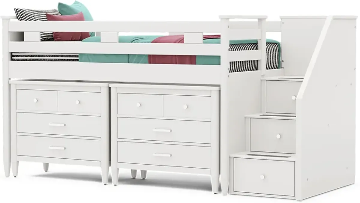 Kids Modern Colors White Twin Step Loft with Loft Chests