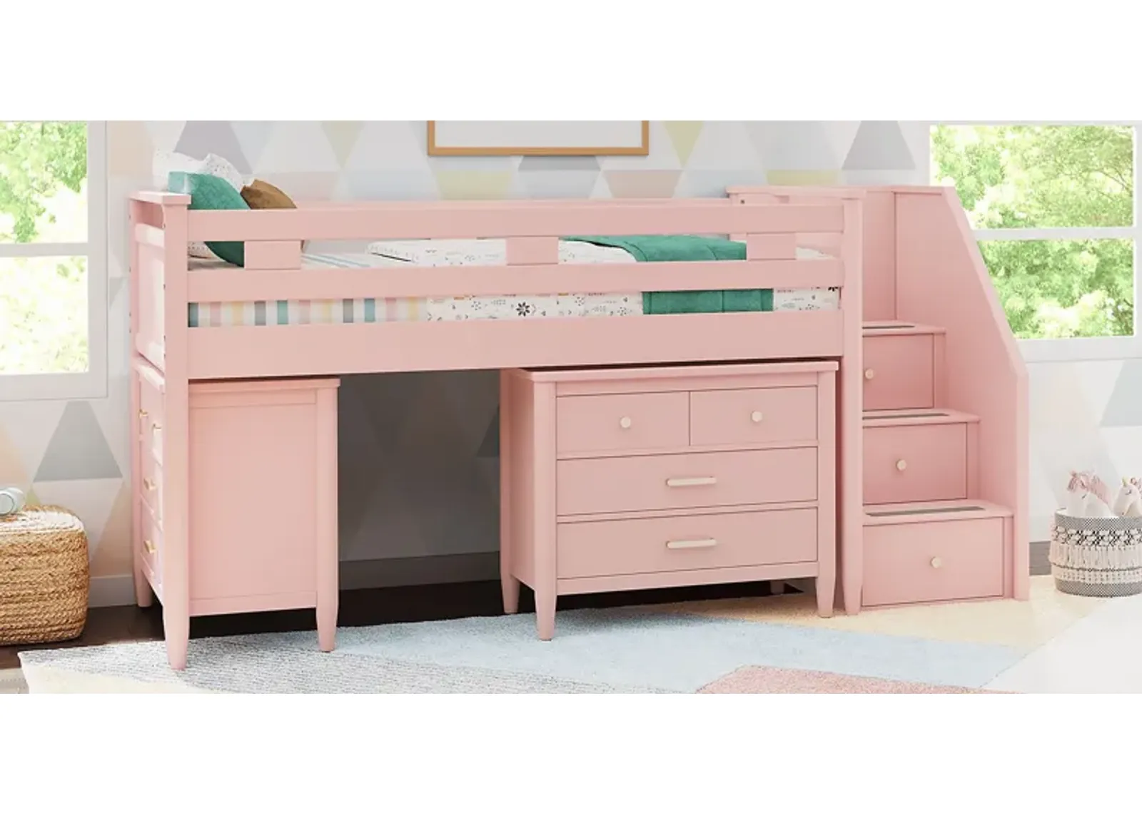 Kids Modern Colors Pink Twin Step Loft with Loft Chests