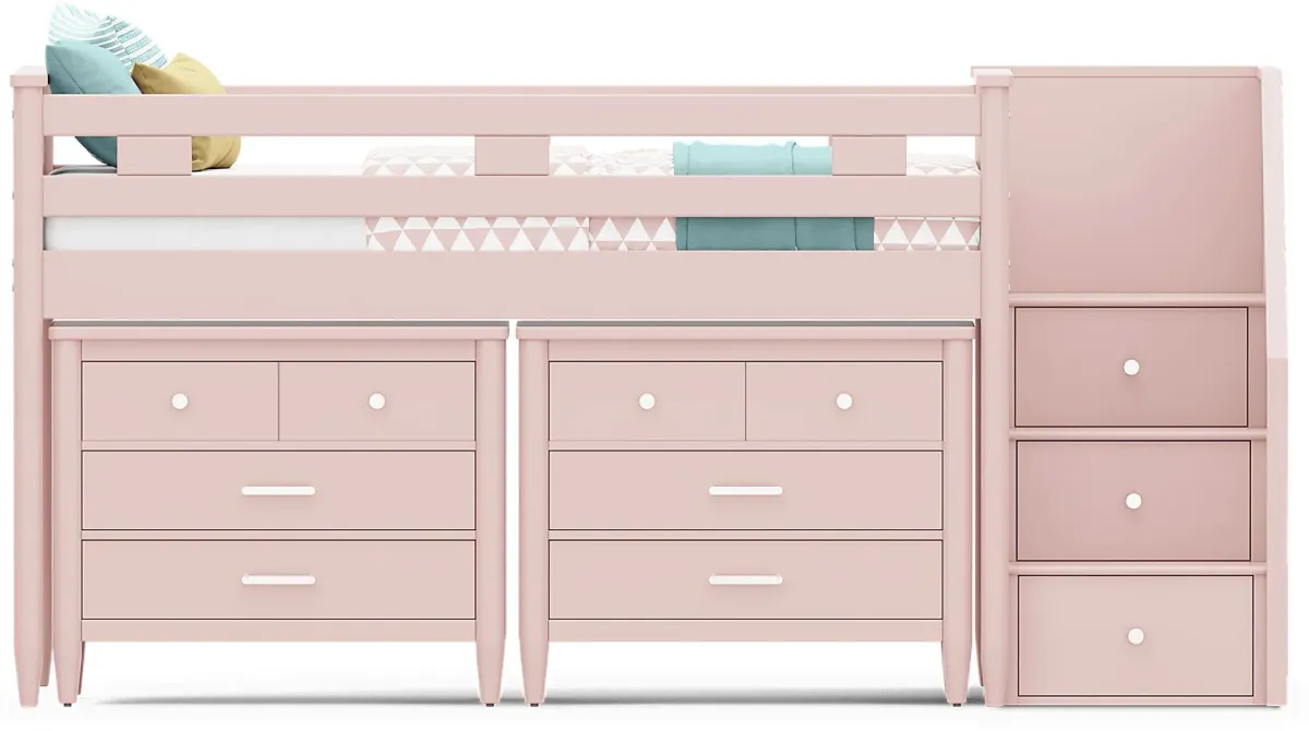 Kids Modern Colors Pink Twin Step Loft with Loft Chests
