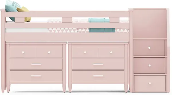 Kids Modern Colors Pink Twin Step Loft with Loft Chests