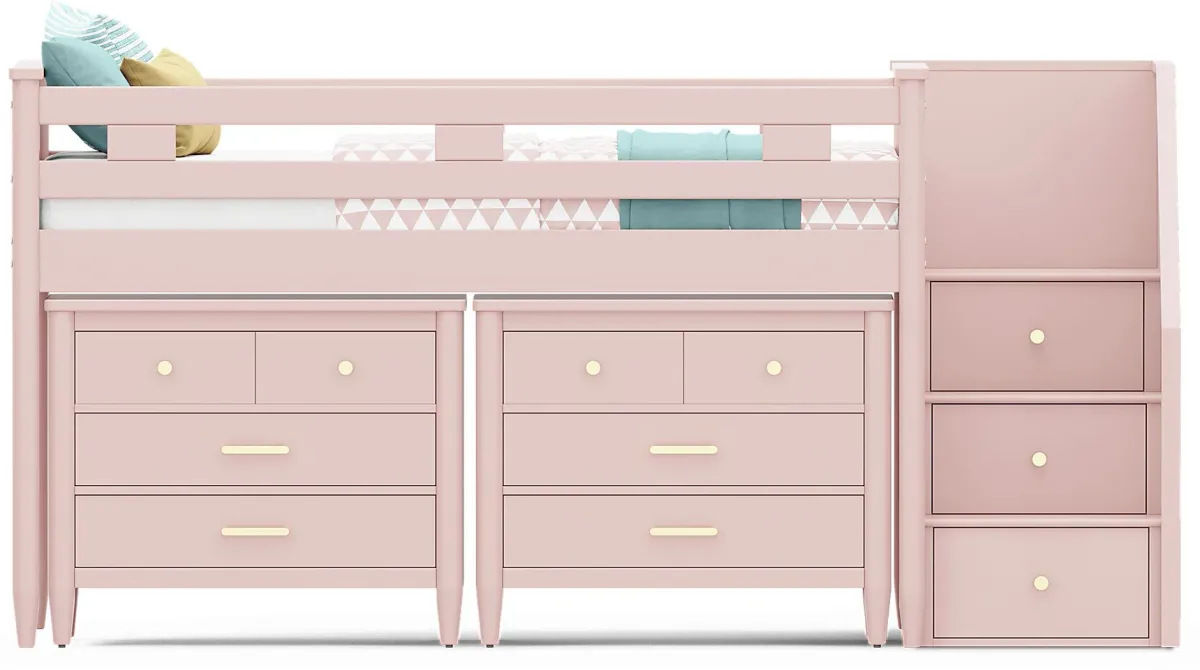Kids Modern Colors Pink Twin Step Loft with Loft Chests