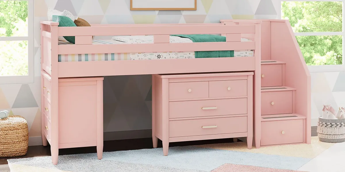 Kids Modern Colors Pink Twin Step Loft with Loft Chests