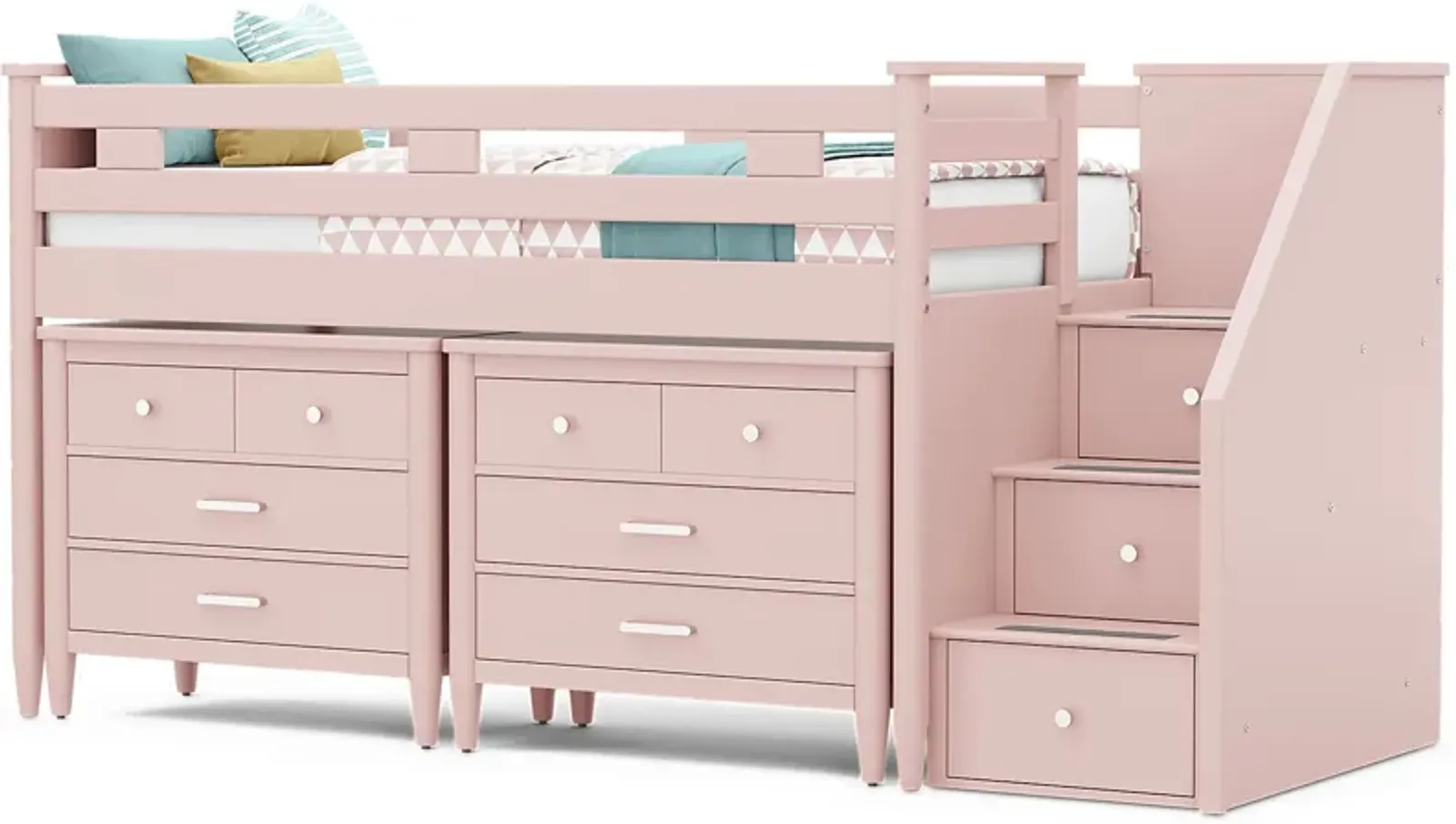 Kids Modern Colors Pink Twin Step Loft with Loft Chests