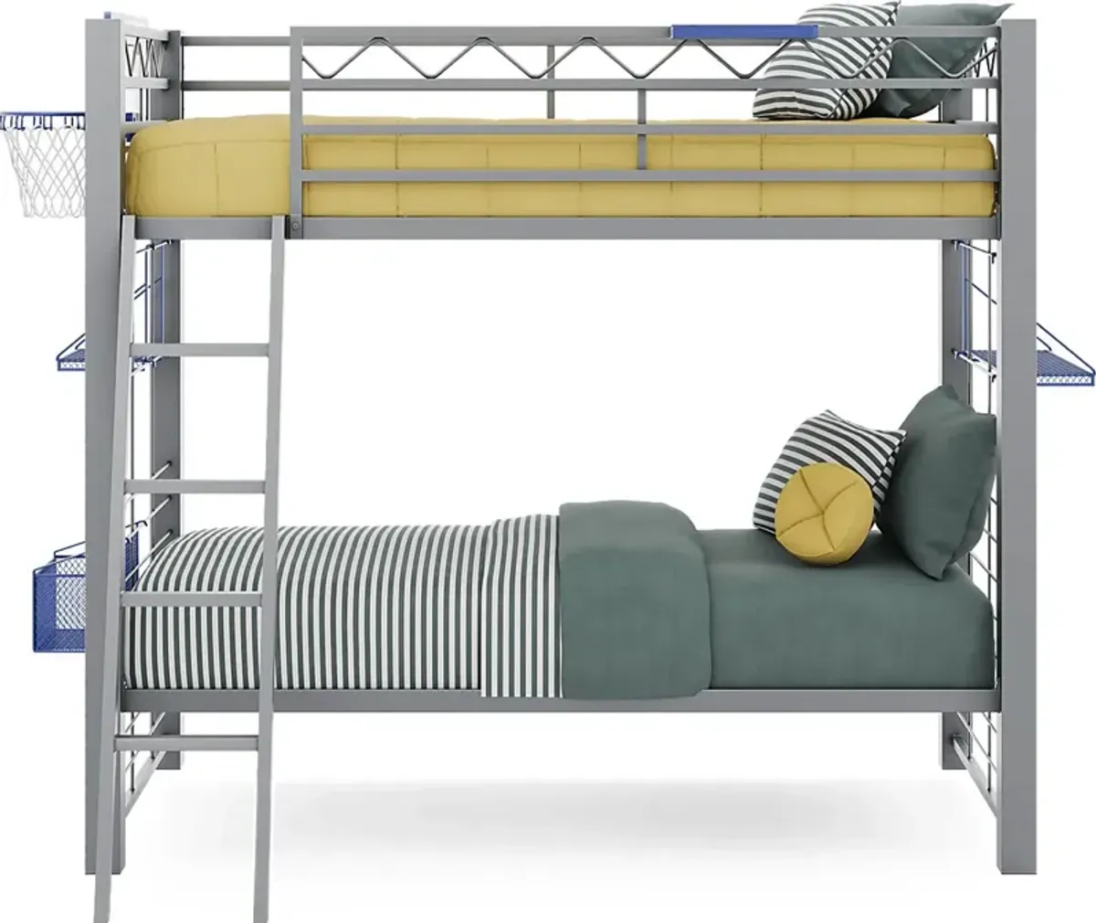 Build-a-Bunk Gray Twin/Twin Bunk Bed with Blue Accessories and Basketball Hoop