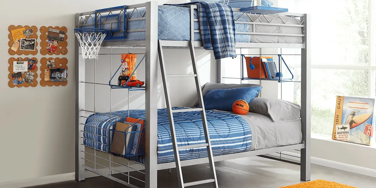 Build-a-Bunk Gray Twin/Twin Bunk Bed with Blue Accessories and Basketball Hoop