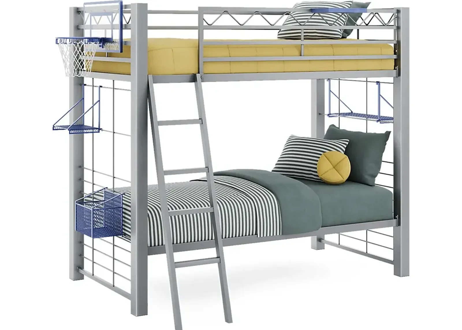 Build-a-Bunk Gray Twin/Twin Bunk Bed with Blue Accessories and Basketball Hoop