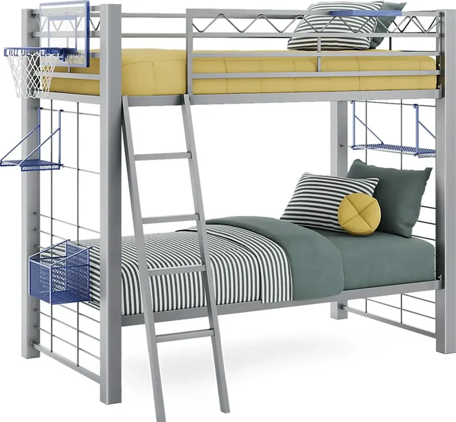 Build-a-Bunk Gray Twin/Twin Bunk Bed with Blue Accessories and Basketball Hoop