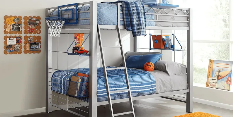 Build-A-Bunk Gray Twin/Twin Bunk Bed with Blue Accessories and Basketball Hoop