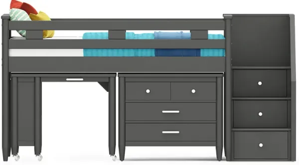 Kids Modern Colors Iron Ore Twin Step Loft with Loft Chest and Desk