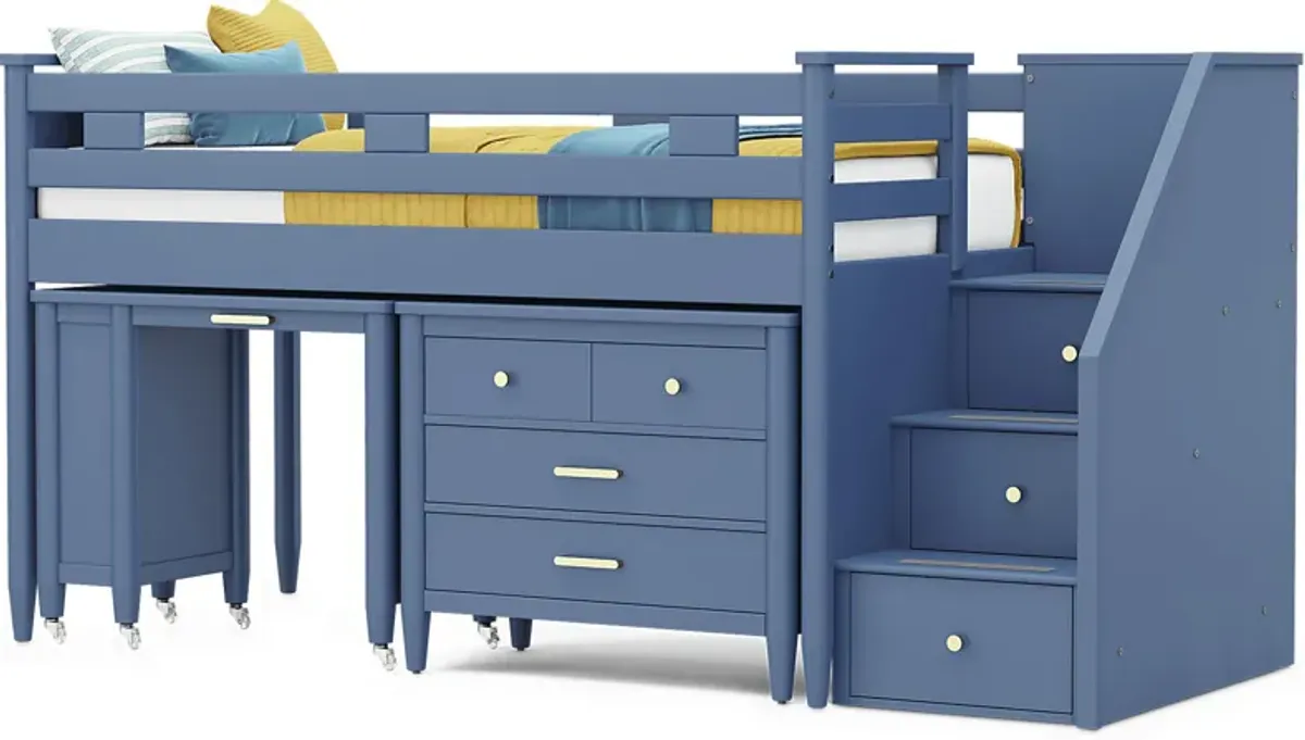 Kids Modern Colors Slate Blue Twin Step Loft with Loft Chest and Desk