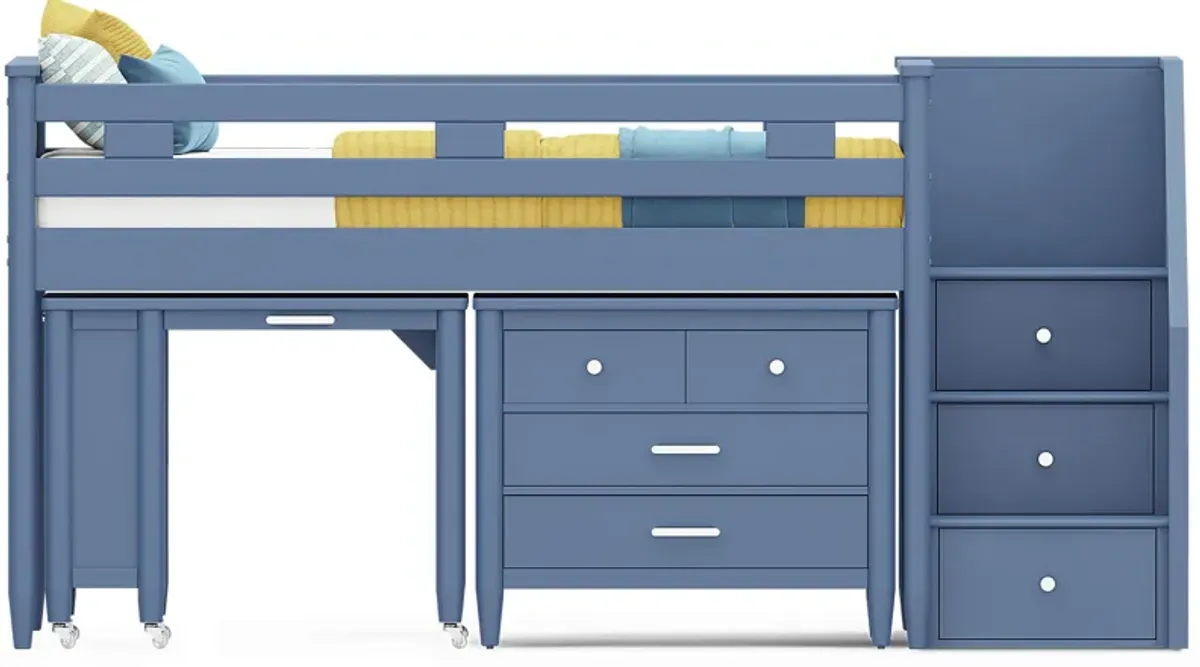 Kids Modern Colors Slate Blue Twin Step Loft with Loft Chest and Desk