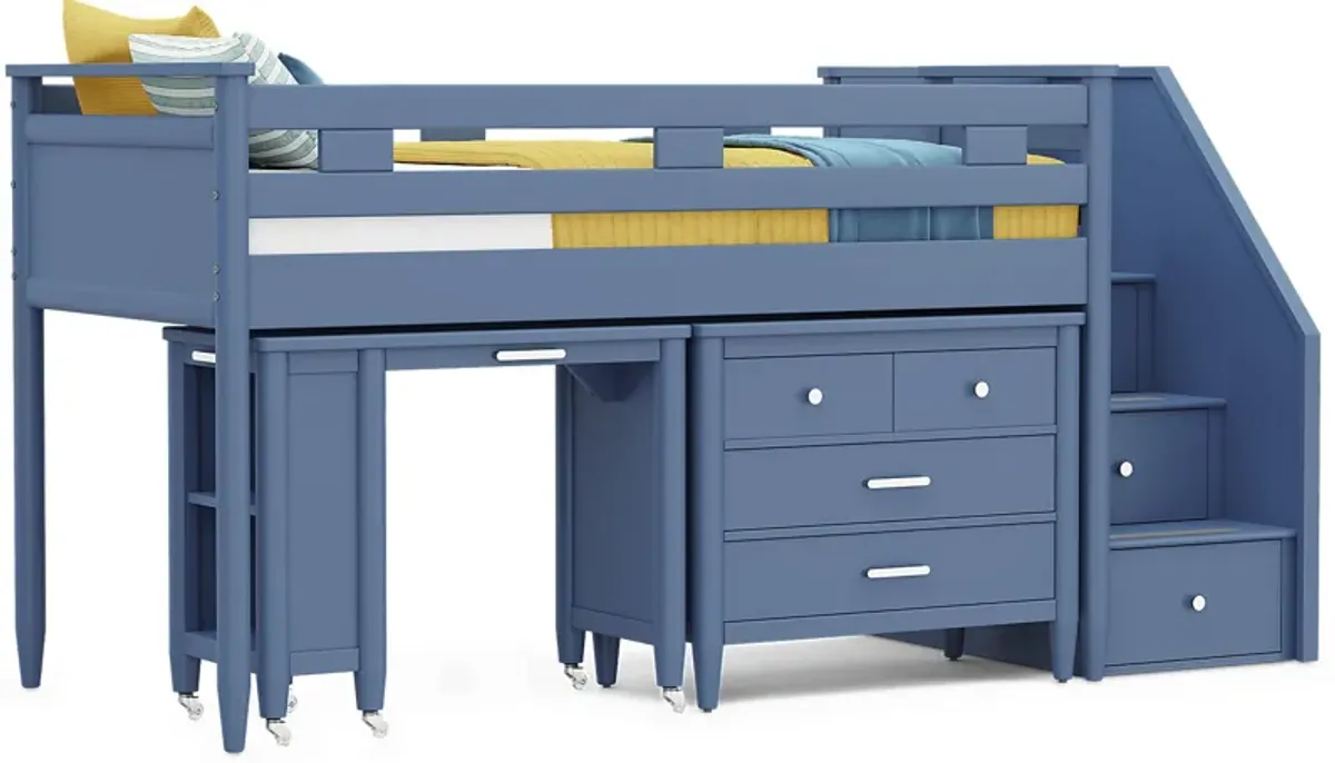 Kids Modern Colors Slate Blue Twin Step Loft with Loft Chest and Desk