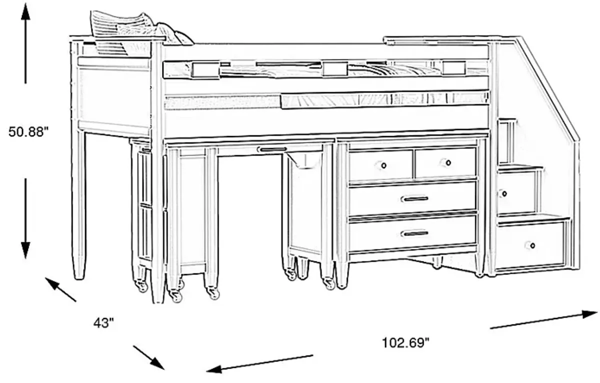 Kids Modern Colors Light Gray Twin Step Loft with Loft Chest and Desk