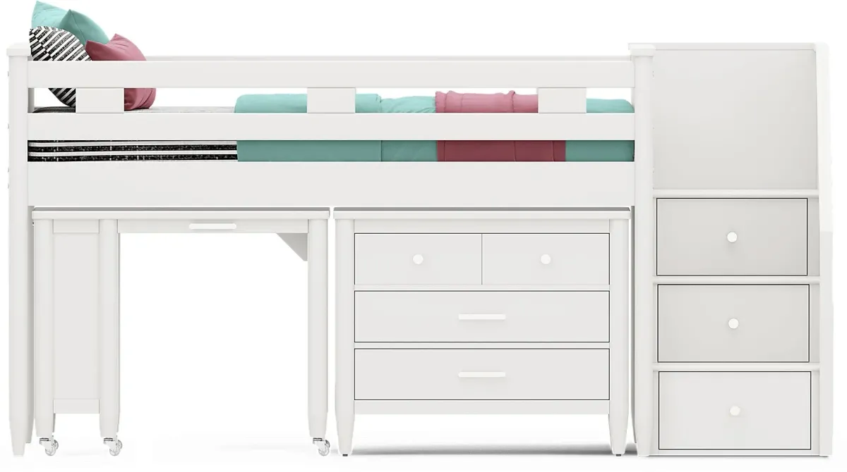 Kids Modern Colors White Twin Step Loft with Loft Chest and Desk