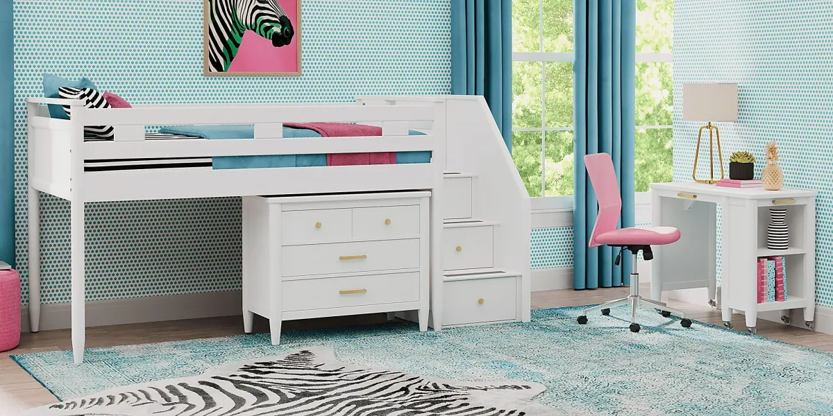 Kids Modern Colors White Twin Step Loft with Loft Chest and Desk