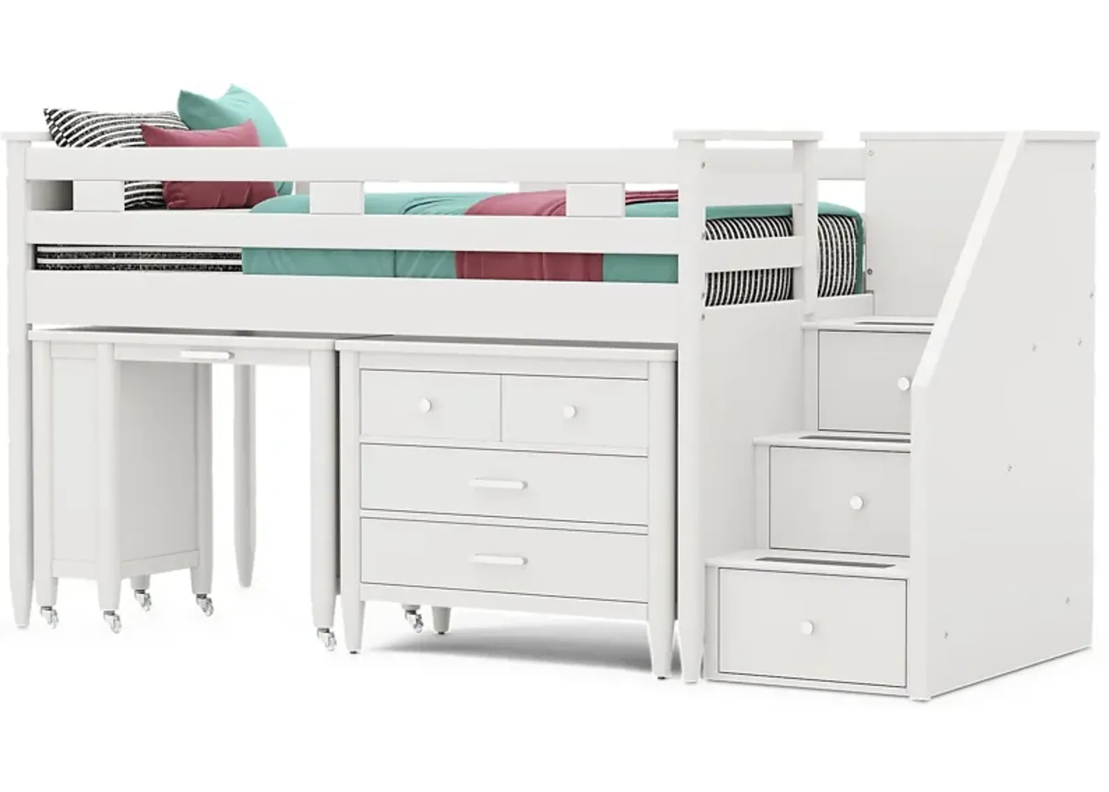 Kids Modern Colors White Twin Step Loft with Loft Chest and Desk