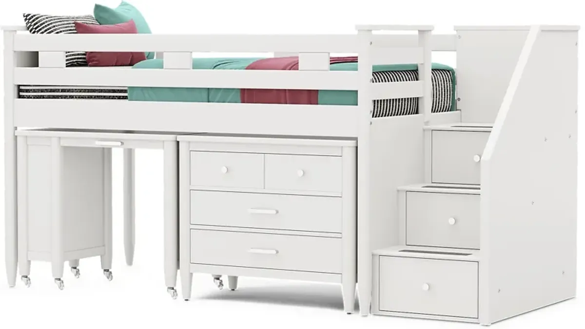 Kids Modern Colors White Twin Step Loft with Loft Chest and Desk