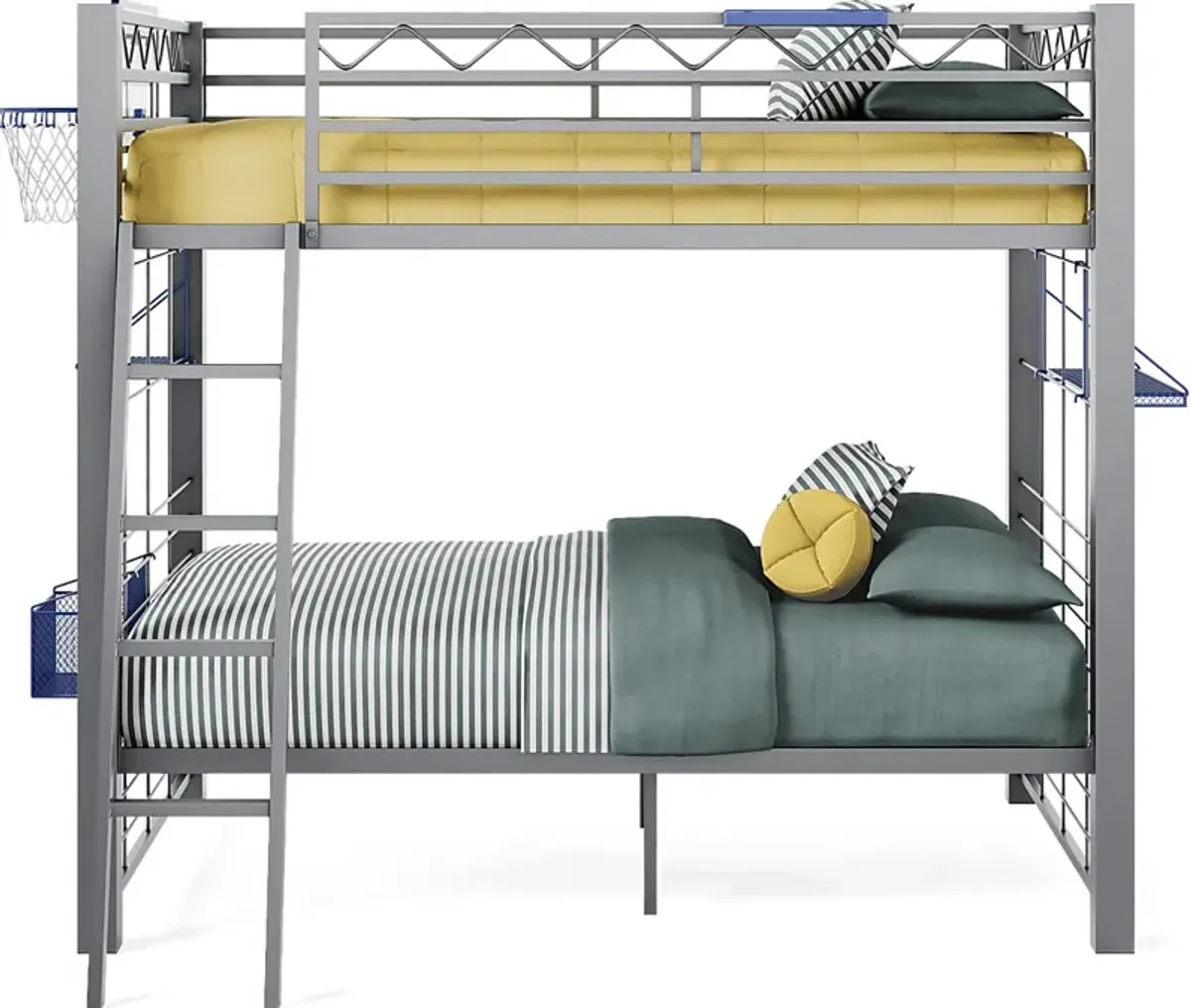 Build-a-Bunk Gray Full/Full Bunk Bed with Blue Accessories and Basketball Hoop