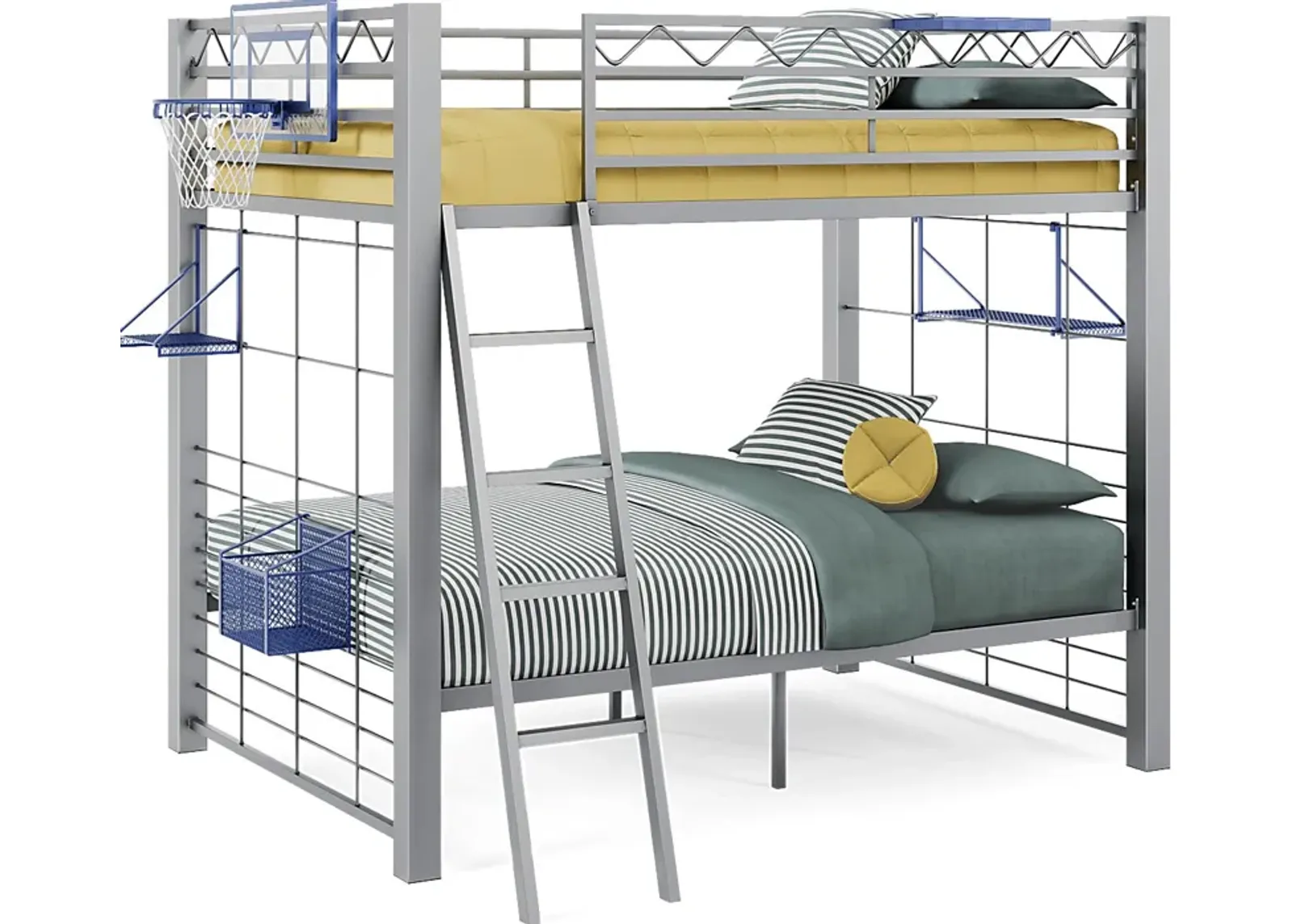 Build-a-Bunk Gray Full/Full Bunk Bed with Blue Accessories and Basketball Hoop