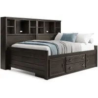 Kids Creekside 2.0 Charcoal 5 Pc Full Bookcase Wall Bed with Storage Side Rail