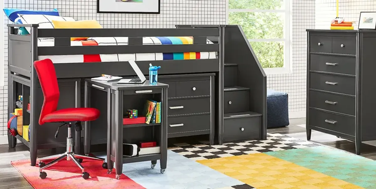 Kids Modern Colors Iron Ore Twin Step Loft with Loft Chest, Bookcase and Desk