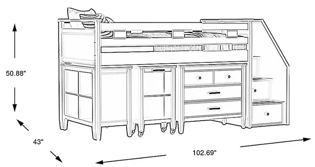 Kids Modern Colors Iron Ore Twin Step Loft with Loft Chest, Bookcase and Desk