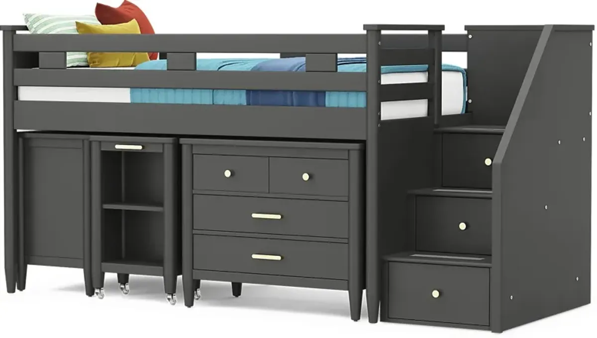 Kids Modern Colors Iron Ore Twin Step Loft with Loft Chest, Bookcase and Desk