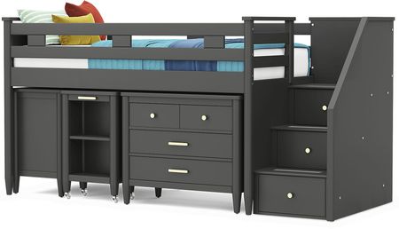 Kids Modern Colors Iron Ore Twin Step Loft with Loft Chest, Bookcase and Desk