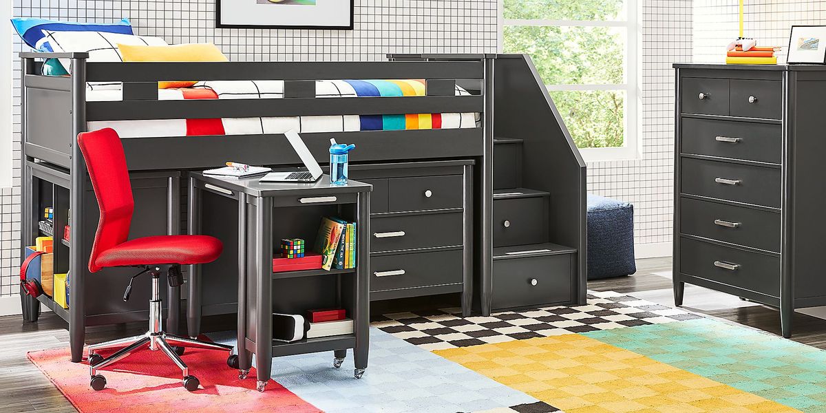 Kids Modern Colors Iron Ore Twin Step Loft with Loft Chest, Bookcase and Desk