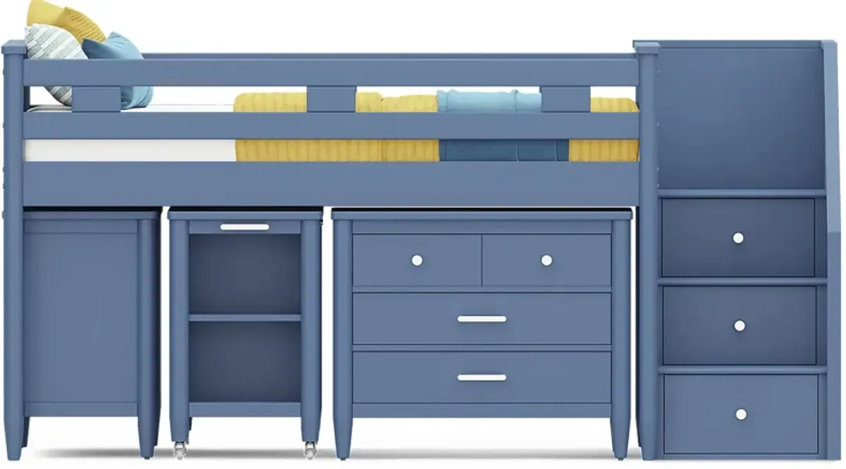 Kids Modern Colors Slate Blue Twin Step Loft with Loft Chest, Bookcase and Desk