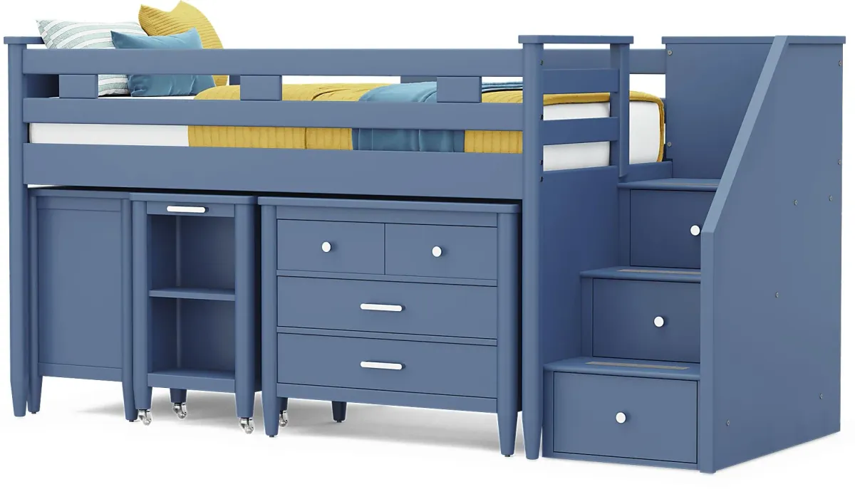 Kids Modern Colors Slate Blue Twin Step Loft with Loft Chest, Bookcase and Desk