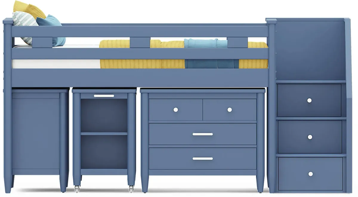 Kids Modern Colors Slate Blue Twin Step Loft with Loft Chest, Bookcase and Desk