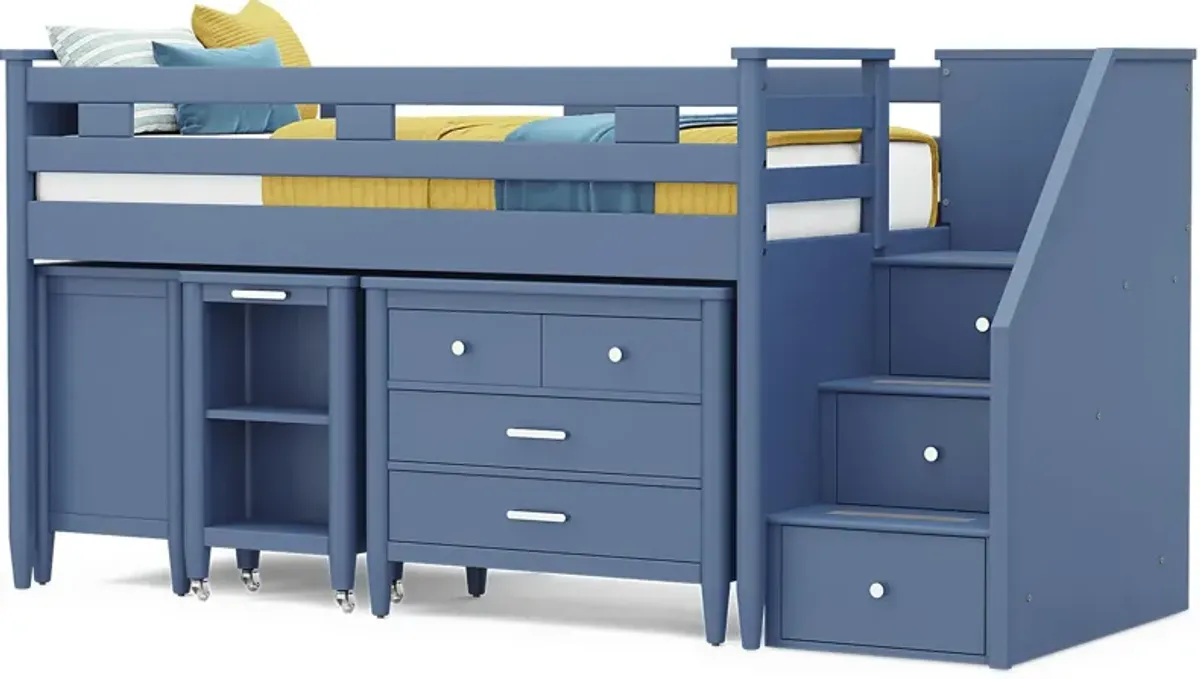 Kids Modern Colors Slate Blue Twin Step Loft with Loft Chest, Bookcase and Desk