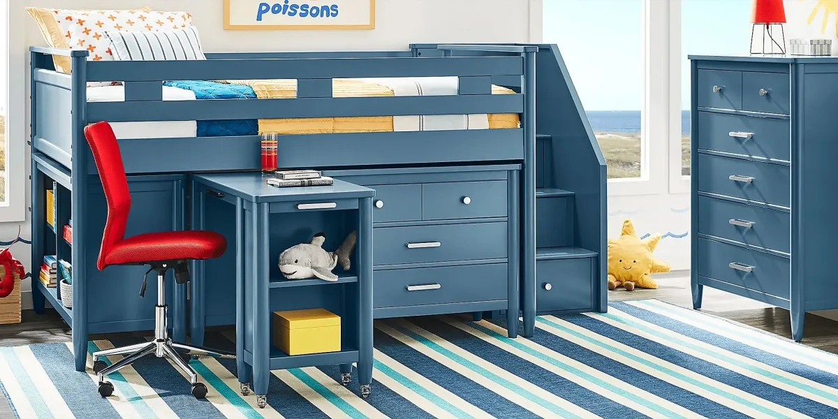 Kids Modern Colors Slate Blue Twin Step Loft with Loft Chest, Bookcase and Desk