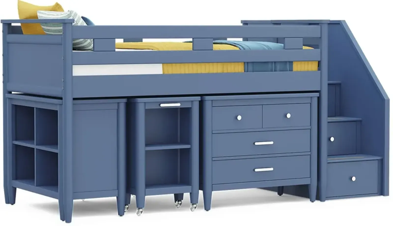 Kids Modern Colors Slate Blue Twin Step Loft with Loft Chest, Bookcase and Desk