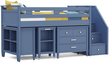 Kids Modern Colors Slate Blue Twin Step Loft with Loft Chest, Bookcase and Desk