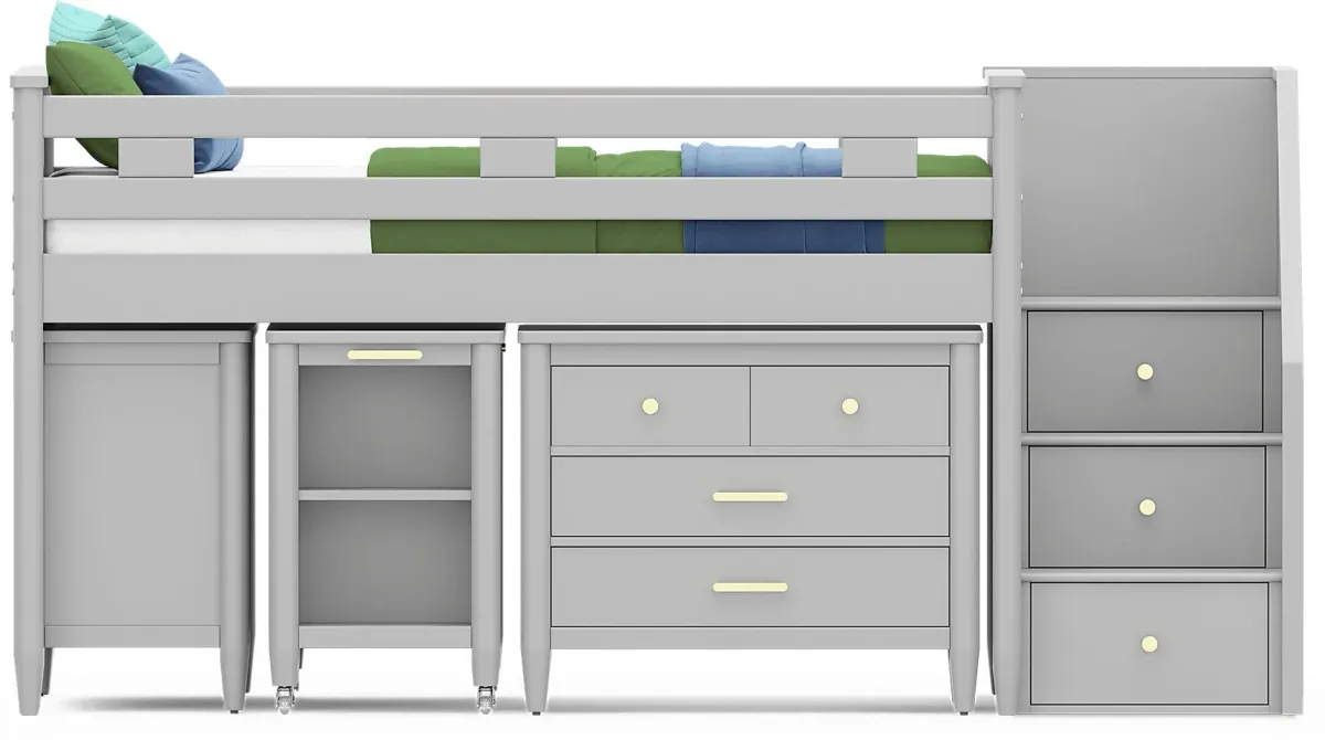 Kids Modern Colors Light Gray Twin Step Loft with Loft Chest, Bookcase and Desk