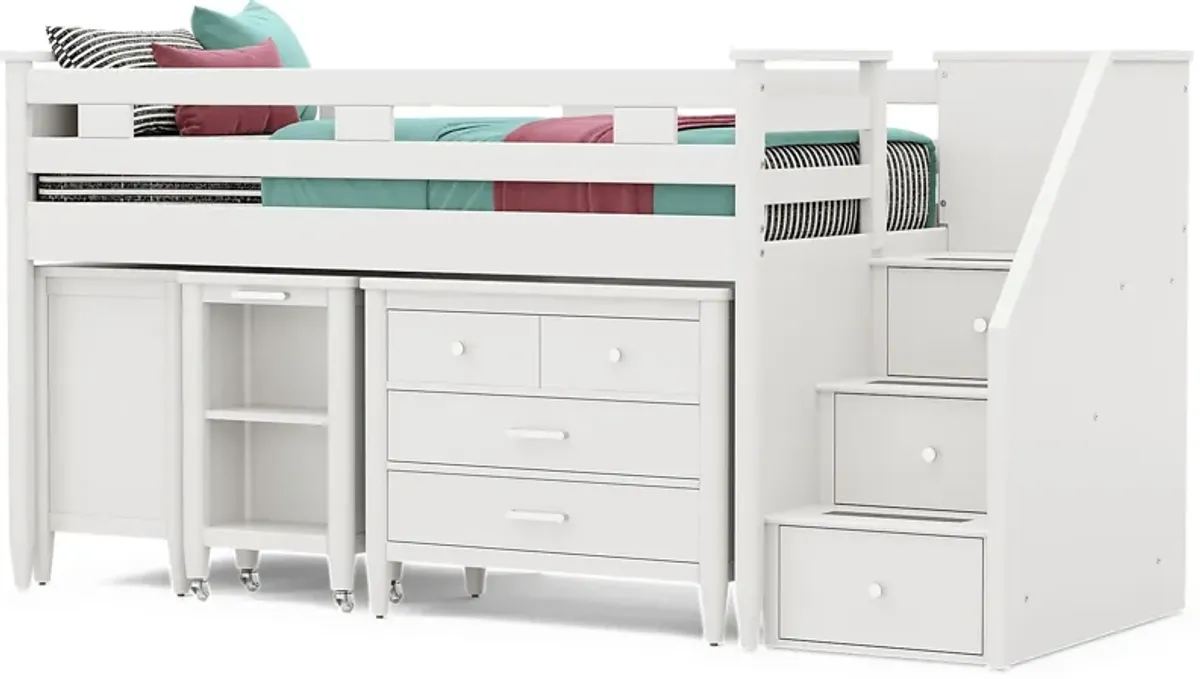 Kids Modern Colors White Twin Step Loft with Loft Chest, Bookcase and Desk